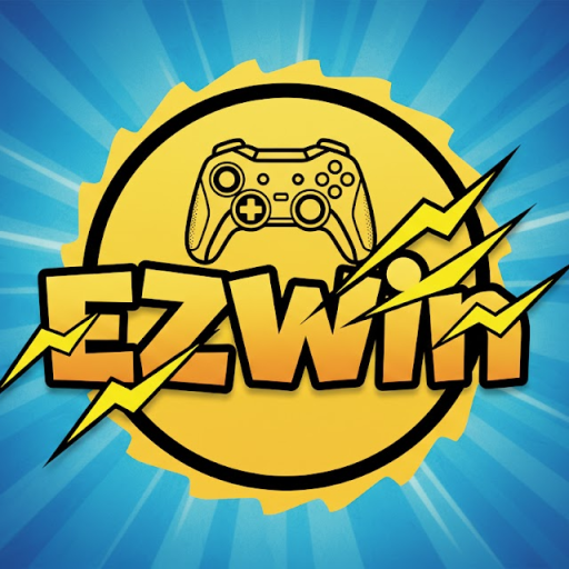 Logo portalu gamingowego EZWin w komiksowym stylu. Żółty napis z błyskawicami, a nad nim kontroler do gier na tle koła zębatego i niebieskich promieni.